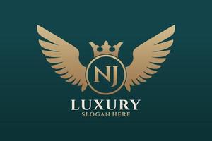 luxe Koninklijk vleugel brief nj kam goud kleur logo vector, zege logo, kam logo, vleugel logo, vector logo sjabloon.