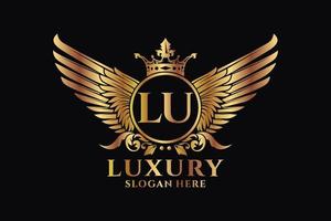 luxe Koninklijk vleugel brief lu kam goud kleur logo vector, zege logo, kam logo, vleugel logo, vector logo sjabloon.
