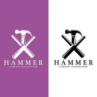 hamer, bouwconstructiehulpmiddelen en rechter logo vectorpictogram, vintage retro ontwerpillustratie vector