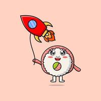 tekenfilm rijst- sushi broodjes sashimi vlotter met raket vector