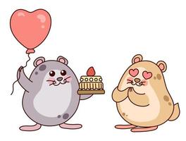 schattig hamsters feest. mannetje hamster geeft een taart naar de vrouw hamster. romantiek. kawaii tekenfilm karakters. vector illustratie geïsoleerd Aan wit achtergrond.