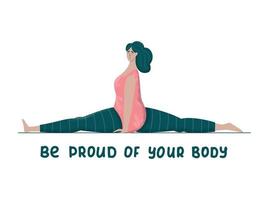 worden trots van uw lichaam. bodypositive plus grootte vrouw aan het doen yoga. modieus vlak vector illustratie voor afdrukken, affiches, spandoeken. feminisme, aanvaarding en vrijheid