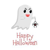 vliegend schattig geest Holding spin. gelukkig halloween. kinderachtig spookachtig boe karakter. Super goed voor kaart, poster, kinderen kamer, logo, afdrukken, mascotte. geïsoleerd vlak tekenfilm vector illustraties