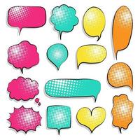 verzameling reeks van schattig hand- getrokken lijn, blanco knal kunst halftone polka dots toespraak bubbel ballon, kleurrijk kleur, denken spreken praten tekst doos banier, vlak ontwerp vector illustratie