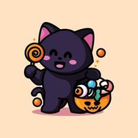 schattig kat Holding snoep en vieren halloween vector