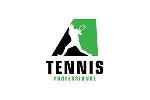letter a met tennisspeler silhouet logo ontwerp. vectorontwerpsjabloonelementen voor sportteam of huisstijl. vector