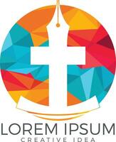 christen kerk vector logo ontwerp. kruisiging en pen penpunt icoon. religieus leerzaam symbool. Bijbel aan het leren en onderwijs klas.