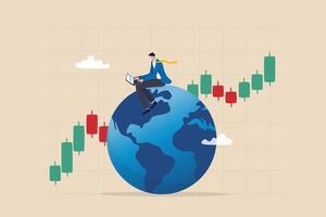 globaal voorraad markt, wereld of Internationale investering, financieel analyse of verdienen groei, voorraad handel concept, slim zakenman investeerder handel Aan laptop Aan de wereldbol met financieel grafiek. vector