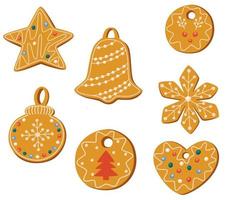 peperkoek koekjes set. Kerstmis snoepgoed verzameling. winter eigengemaakt snoepgoed in de vorm van een klok, sneeuwvlok, sneeuwman, hart, ster. hand- getrokken vector illustraties geïsoleerd Aan de wit achtergrond.