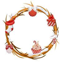 tekenfilm cirkel twijgen met Kerstmis attributen, sok, geschenk, koekje en ballen. vector illustratie van een riet krans met sneeuw voor de spel.