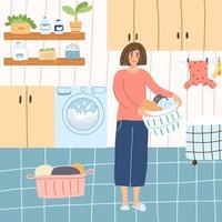 gelukkig vrouw in wasserij met mand vol van kleren in tekenfilm vlak stijl. vector illustratie van meisje in badkamer interieur aan het doen huiswerk, vrouw huishoudster karakter.