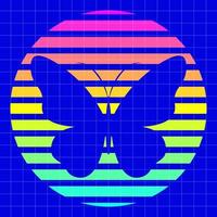 vector vlinder silhouet in retro sci-fi stijl. 80s gestreept neon regenboog zonsondergang. zuur blauw geruit achtergrond tegen. retro afdrukken voor grafisch tee. sjabloon voor poster, sticker, banier, t-shirt