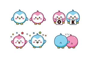 reeks van schattig kawaii paar blauw en roze weinig pinguïn voor sociaal media sticker emoji zeggen OK gelukkig en knuffel emoticon vector