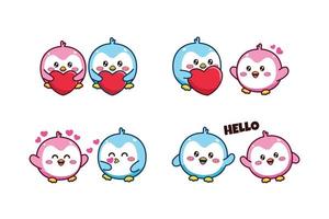 reeks van schattig kawaii paar blauw en roze weinig pinguïn voor sociaal media sticker emoji vallend in liefde en zeggen Hallo emoticon vector