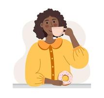 een donker huid meisje in een geel jasje met een kop van koffie. de concept van een koffie winkel. vector illustratie in een vlak stijl