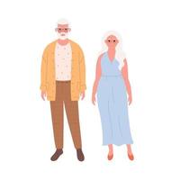 ouderen paar in elegant modieus Look. glimlachen opa en oma in modern kleding. gepensioneerd Mens en vrouw vector