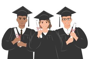 groep van gelukkig studenten-afgestudeerden Universiteit of college vervelend een academisch gewaad, diploma uitreiking pet en Holding een diploma. vector illustratie