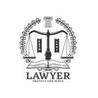 advocaat icoon met balans of gerechtigheid en boek vector
