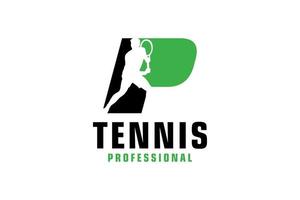 brief p met tennis speler silhouet logo ontwerp. vector ontwerp sjabloon elementen voor sport team of zakelijke identiteit.