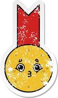 verontruste sticker van een leuke cartoon gouden medaille vector