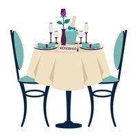 mooi romantisch diner. romantisch instelling. Gereserveerd tafel voor twee. tafel met wit tafelkleed, stoelen, bestek, bril, Champagne, Champagne emmer, roos. vector tekenfilm illustratie geïsoleerd