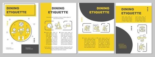 dining etiquette geel brochure sjabloon. reeks van reglement en normen. brochure ontwerp met lineair pictogrammen. 4 vector indelingen voor presentatie, jaar- rapporten.