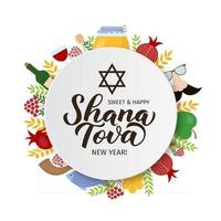 Shana tova schoonschrift hand- belettering met traditioneel symbolen gemakkelijk naar Bewerk vector sjabloon voor groet kaart, banier, typografie poster, uitnodiging, folder.