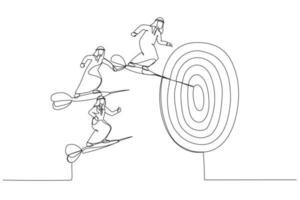 tekenfilm van drie Arabisch zakenlieden staan Aan darts en vlieg samen naar de stieren oog. een lijn kunst stijl vector