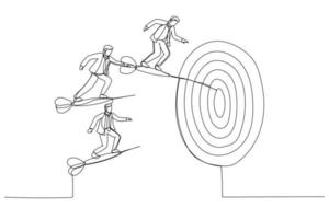 illustratie van zakenlieden staan Aan darts en vlieg samen naar de stieren oog. een lijn kunst stijl vector