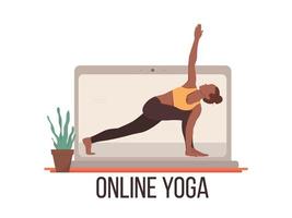 online yoga. een yoga instructeur geeft les yoga van een laptop scherm. online onderwijs concept. vector illustratie