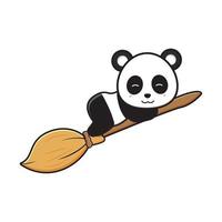 schattig panda is vliegend met bezem halloween mascotte icoon tekenfilm illustratie vlak tekenfilm stijl vector