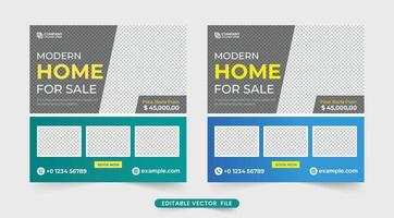 modern huis verkoop bedrijf sjabloon vector met abstract vormen. minimalistische echt landgoed bedrijf Promotie web banier met blauw en geel kleuren. huis verkoop sociaal media post vector.