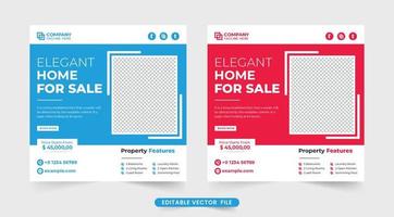 gemakkelijk huis verkoop en echt landgoed bedrijf sociaal media berichten met creatief vormen. modern huis promotionele web banier ontwerpen in rood en blauw kleuren. huis verkoop bedrijf sjabloon. vector