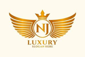 luxe Koninklijk vleugel brief nj kam goud kleur logo vector, zege logo, kam logo, vleugel logo, vector logo sjabloon.