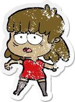 verontruste sticker van een cartoon vermoeide vrouw vector