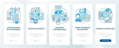 media inbedding gebruik methoden blauw onboarding mobiel app scherm. walkthrough 5 stappen bewerkbare grafisch instructies met lineair concepten. ui, ux, gui sjabloon. vector