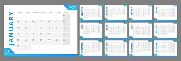 wetenschappelijk Onderzoek het verstrekken van bureau kalender ontwerp sjabloon voor 2023 jaar. 12 maanden Pagina's set. week begint Aan zondag. maandelijks Op maat schema pak klaar voor afdrukken vector