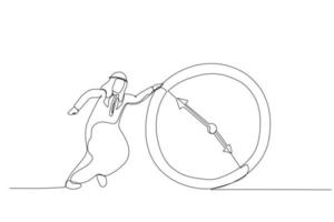 illustratie van Arabisch zakenman rennen achter rennen klok. een doorlopend lijn kunst stijl vector