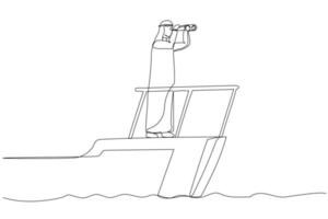 tekenfilm van slim Arabisch zakenman boot gezagvoerder controle stuurinrichting wiel roer met telescoop visie. bedrijf leiderschap en visionair naar lood bedrijf succes. doorlopend lijn kunst stijl vector