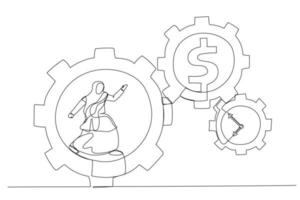 tekening van moslim zakenvrouw rennen met vol inspanning binnen uitrusting tandwielen. inspanning en tijd resulteerde in geld concept. single lijn kunst stijl vector