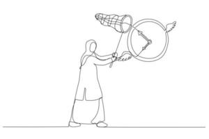 tekenfilm van moslim zakenvrouw haast je naar vangst vliegend klok . gebrek van tijd en project deadline concept. doorlopend lijn kunst vector
