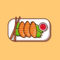 plak van vers Zalm met saus en eetstokjes illustratie en vector