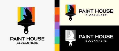 koel gebouw verf logo ontwerp sjabloon. penseel en duif in silhouet met regenboog kleuren concept elementen. vector illustratie van een logo voor muur of gebouw verf. premie vector