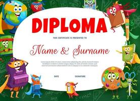 kinderen diploma. tekenfilm school- onderwijs superheld karakters. kind waardering vector prijs of diploma met wereldbol, appel, rekenmachine en leerboek, potlood, notitieboekje en schaar grappig personages