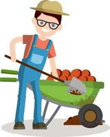 landelijk jongen graven aardappelen met een spade. rustiek kar met groenten. platteland werk. element van dorp leven. aanplant en oogsten. tekenfilm vlak illustratie vector