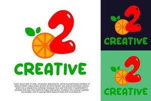eerste aantal 2 met oranje fruit logo vector concept element, aantal 2 logo met biologisch oranje
