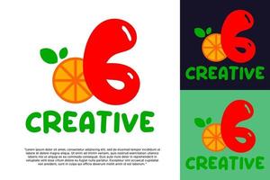 eerste aantal 6 met oranje fruit logo vector concept element, aantal 6 logo met biologisch oranje
