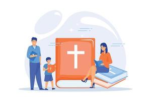 klein mensen christenen lezing de heilig Bijbel en aan het leren over Christus. heilig Bijbel, heilig heilig boek, de woord van god concept. vlak vector modern illustratie