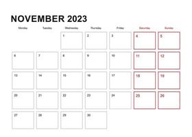 muur ontwerper voor november 2023 in Engels taal, week begint in maandag. vector