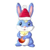 schattig tekenfilm konijn in de kerstman hoed met Kerstmis bal. winter 2023, Kerstmis en nieuw jaar vector